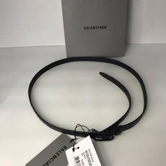 New Authentic Balenciaga BB Logo Buckle Croc Embossed Leather Skinny Belt - Picture 8 of 14